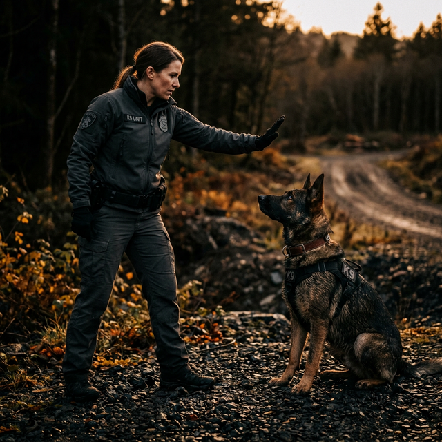 Certified K9 trainer demonstrating obedience command to German Shepherd in California